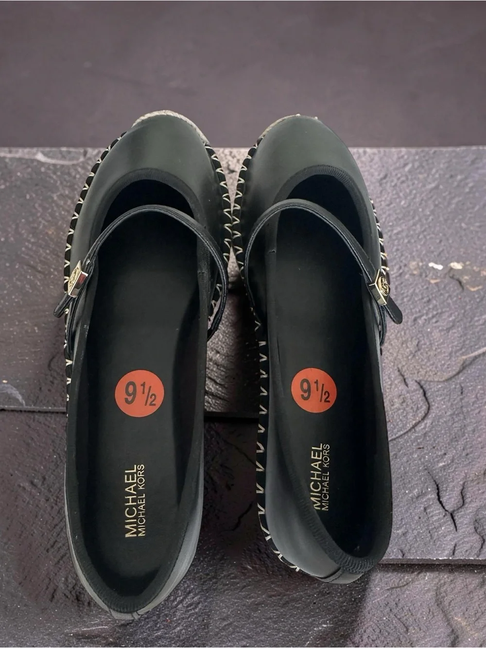 New Michael Kors Black Leather Mary Jane Espadrille Flats with Jute Trim Size 9.